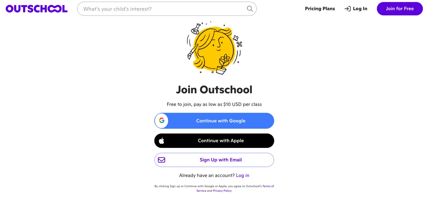Outschool sign-up page showing options to join using Google, Apple, or email with pricing information starting at $10 per class.