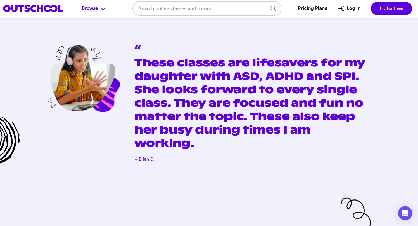 Outschool testimonial banner showing a child wearing headphones attending an online class with a positive parent review about engaging and focused learning