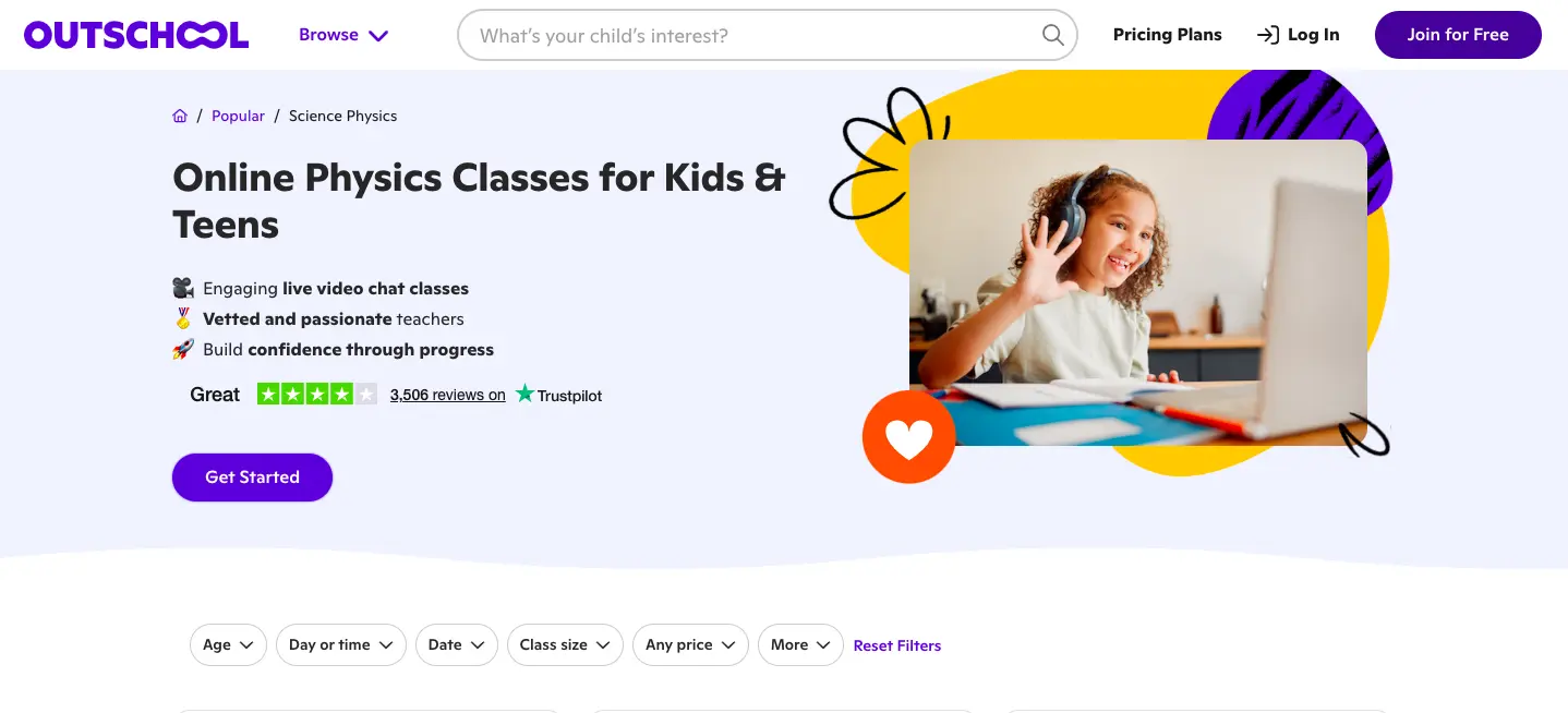 Online physics classes for kids and teens with a young girl attending a live video lesson on a laptop at home