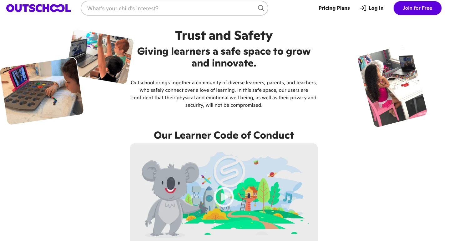 Outschool trust and safety page showing children learning online with laptops and highlighting a safe, secure environment for kids’ education