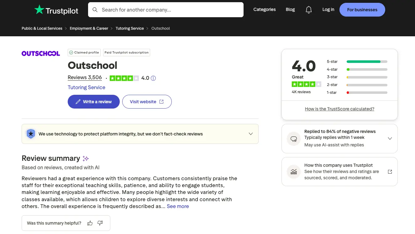 Trustpilot review section on an online learning platform showing trust score information and platform integrity notice overlay