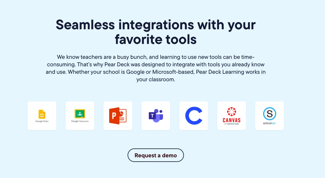 Pear Deck seamless integrations with classroom tools including Google Slides, Google Classroom, Microsoft PowerPoint, Microsoft Teams, Canvas, and Schoology.