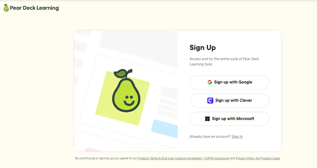 Pear Deck Learning sign-up page with options to register using Google, Clever, or Microsoft accounts.