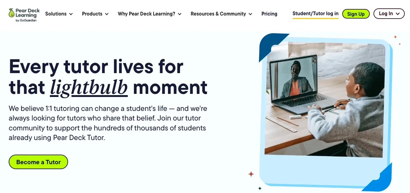 Pear Deck Tutor webpage showing a student attending an online tutoring session with a tutor on a laptop, promoting one-on-one learning and “lightbulb moment” concept