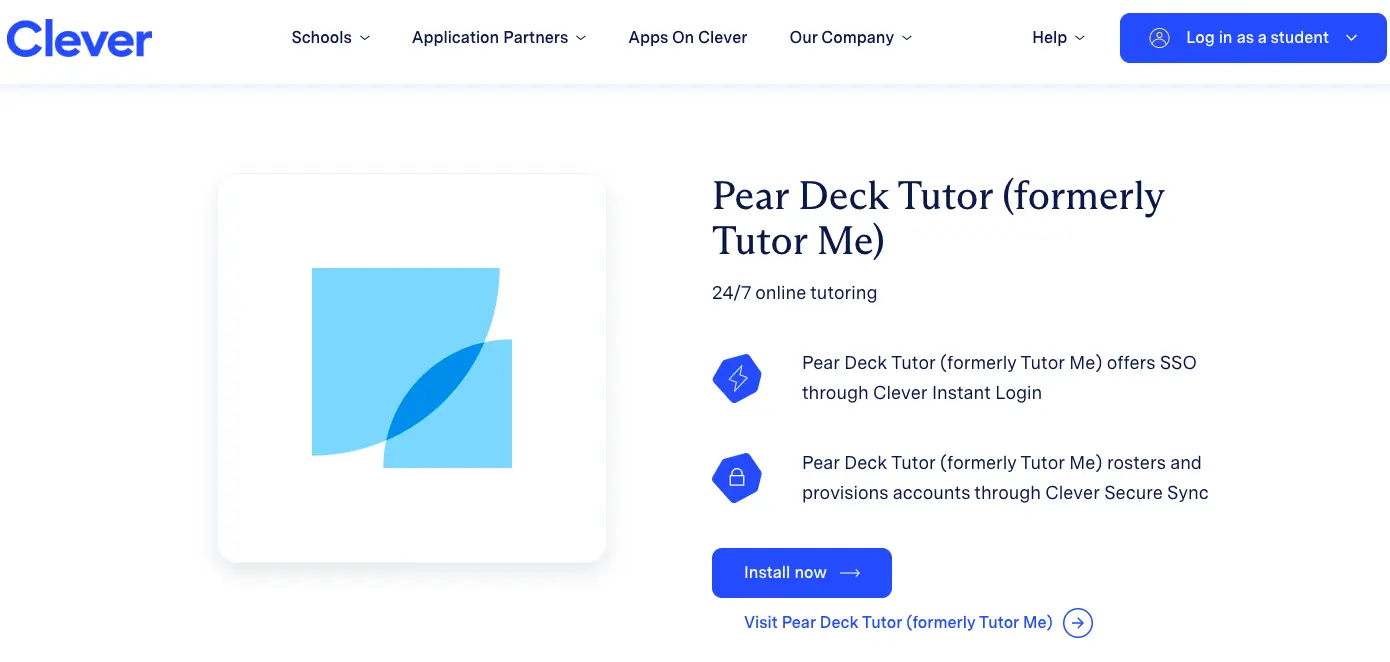 Clever platform page showing Pear Deck Tutor integration with single sign-on and 24/7 online tutoring features