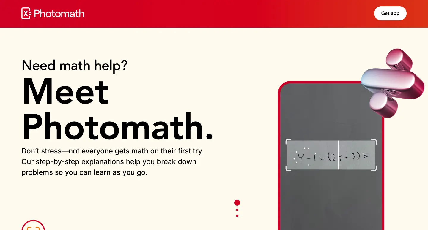 Photomath homepage banner promoting step-by-step math problem solving with a smartphone equation scanner interface.