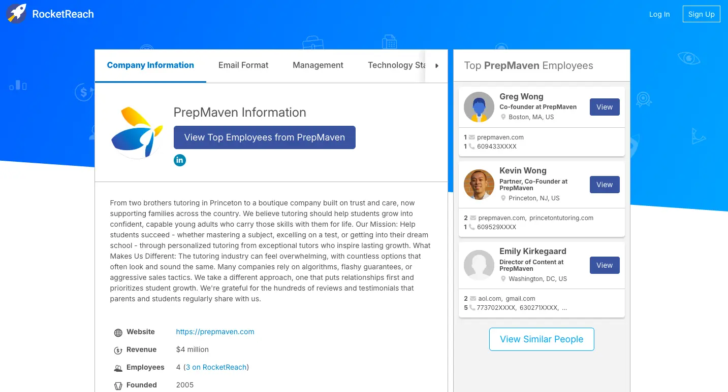 RocketReach company profile page displaying PrepMaven information, including company overview, employees list, revenue, and founding details.