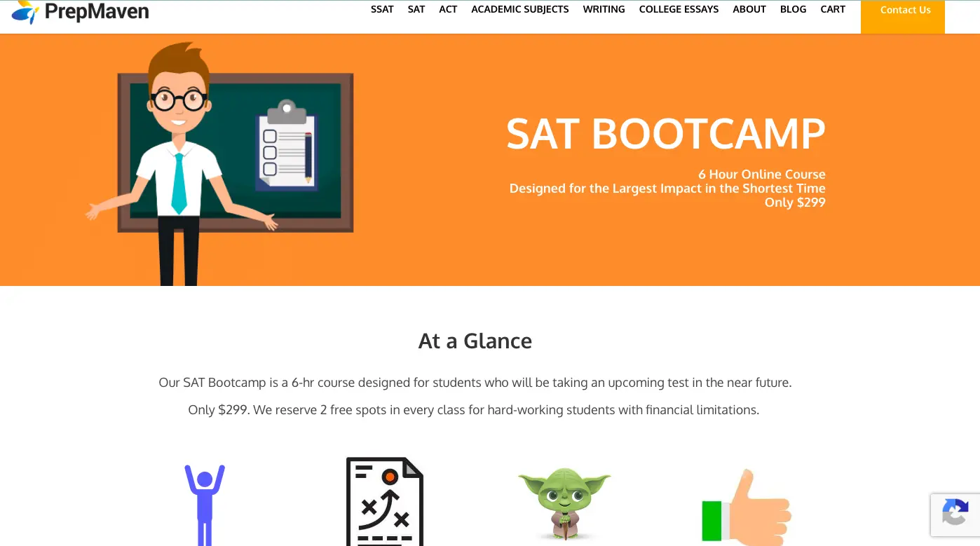 PrepMaven SAT Bootcamp banner showing an online 6-hour SAT preparation course with pricing, featuring an illustrated tutor and course highlights.