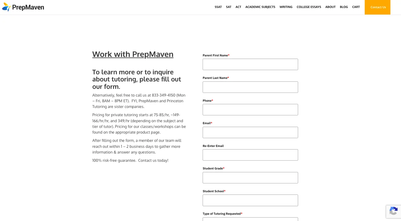 PrepMaven tutoring contact form page titled "Work with PrepMaven" showing fields for parent details, student grade, and tutoring request information.