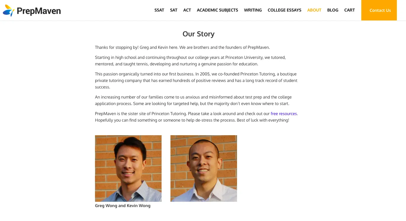 PrepMaven “Our Story” section featuring team members and founders, highlighting the company’s background and mission in test preparation.