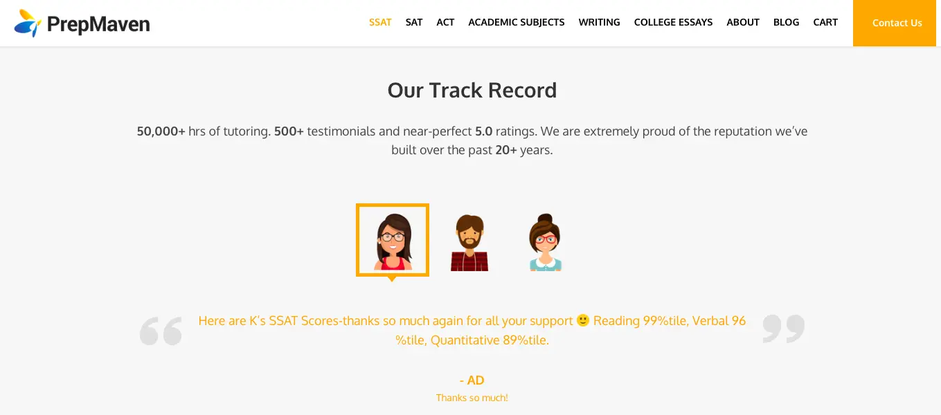 PrepMaven track record section showing tutoring success metrics including 50,000+ hours, 500+ testimonials, and high SSAT score results.