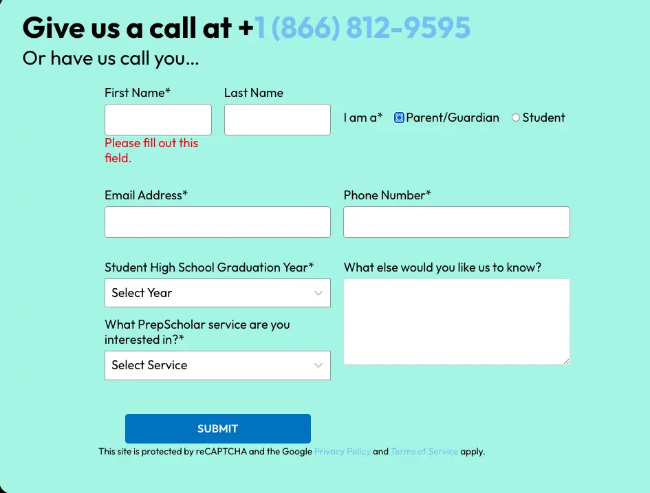 PrepScholar contact form with fields for student details, parent or guardian selection, and callback request for academic tutoring services