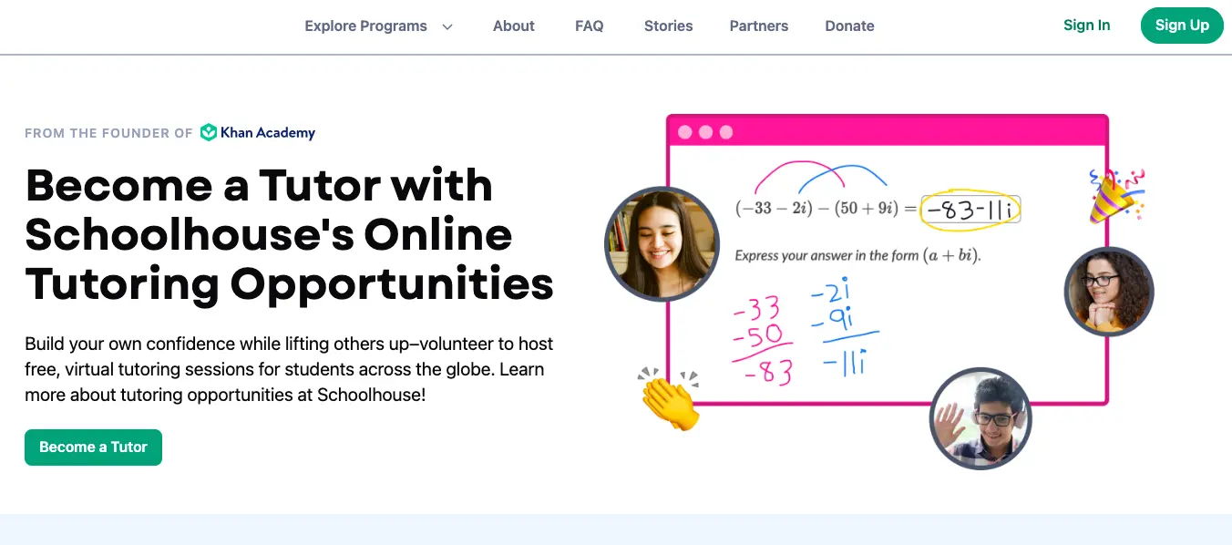 Schoolhouse become a tutor banner showing online tutoring session with math problem solving and students collaborating virtually