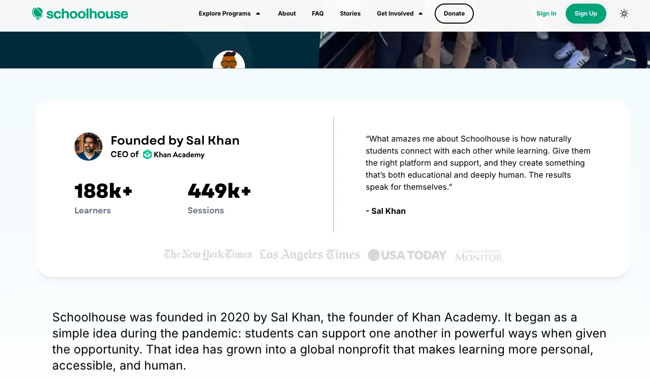 Schoolhouse platform founder section showing Sal Khan, CEO of Khan Academy, with learner and session statistics and testimonial quote.