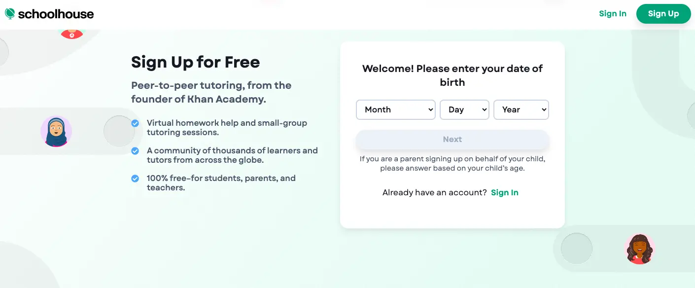 Schoolhouse sign-up page showing free peer-to-peer tutoring registration form with date of birth fields and benefits list.