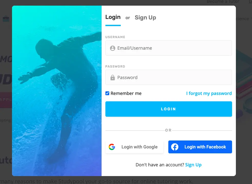 Studypool login and sign up popup with email and password fields, social login options, and underwater background image
