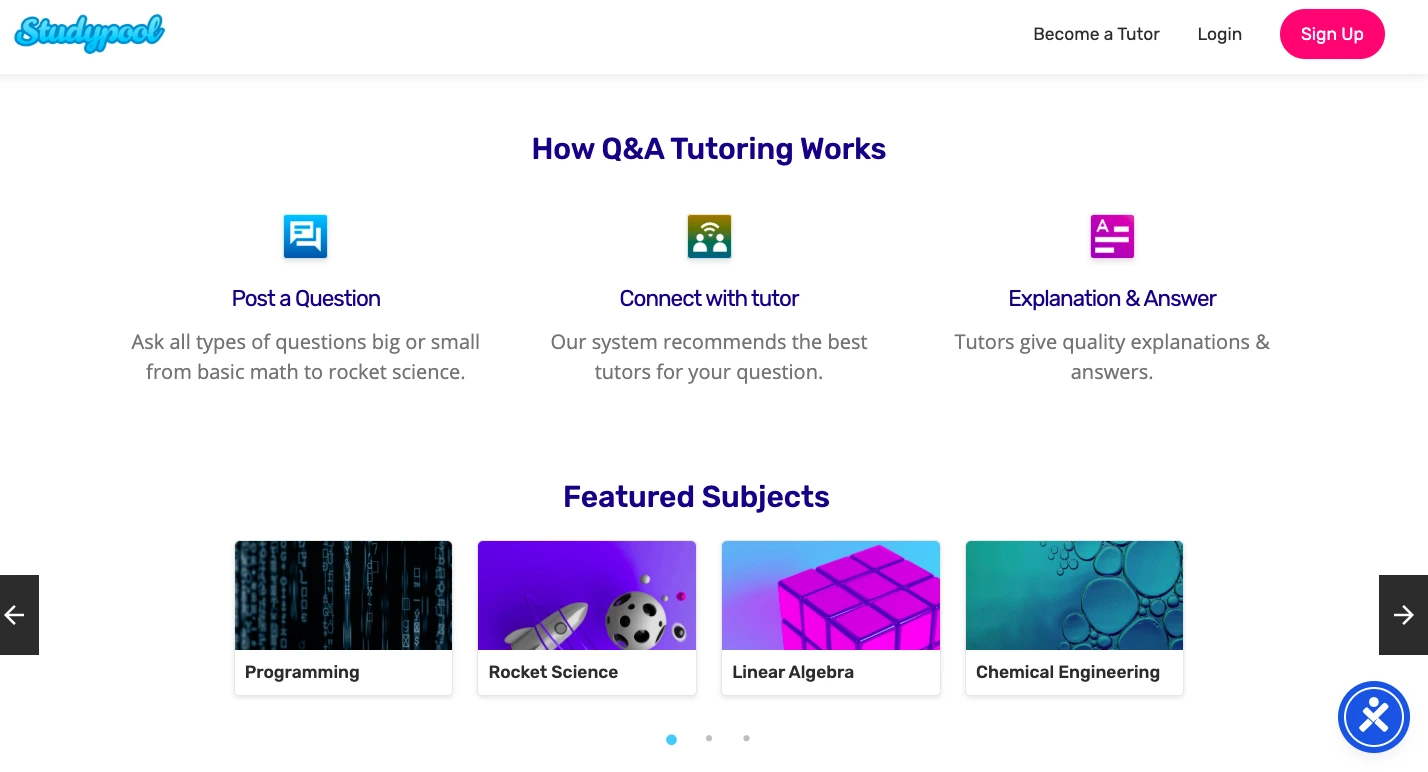 Studypool how Q&A tutoring works section showing steps to post a question, connect with a tutor, and receive explanations with featured subjects