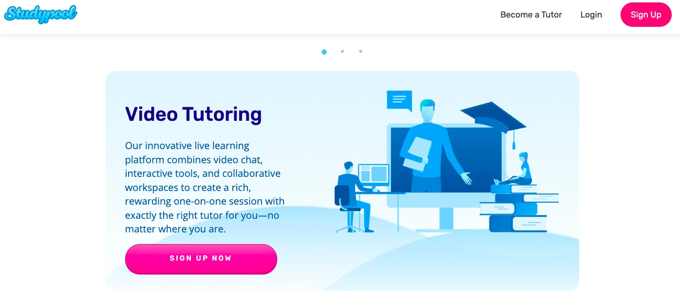 Online video tutoring platform interface showing a virtual teacher on screen, students learning remotely, and a “Sign Up Now” call-to-action button