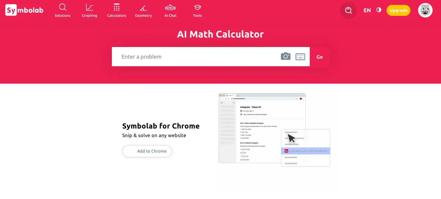 Symbolab homepage featuring AI math calculator, problem input bar, and Chrome extension for solving math on websites