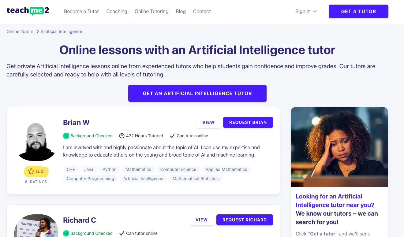 Teach Me 2 Artificial Intelligence tutor page showing online AI lessons, tutor profiles, ratings, and option to request a tutor.