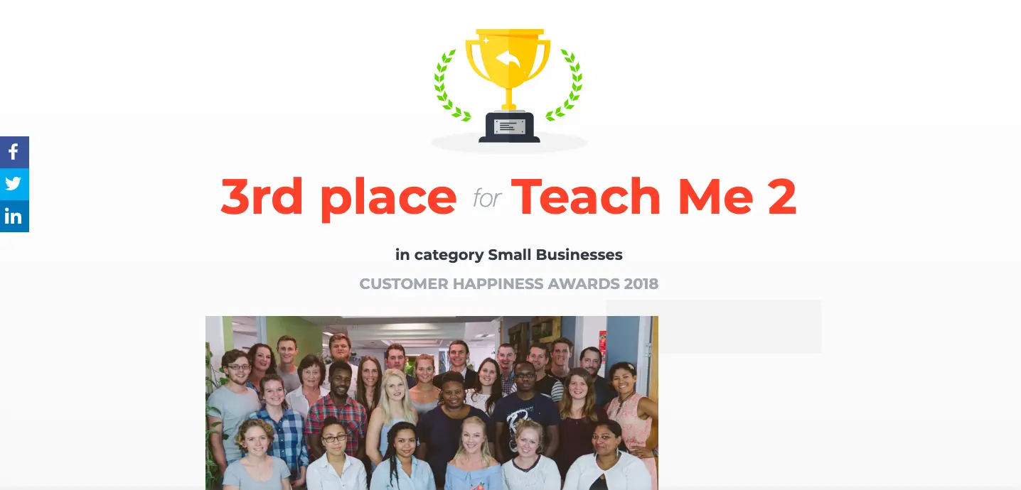 Teach Me 2 awarded 3rd place in Customer Happiness Awards 2018 small business category with team photo and trophy icon