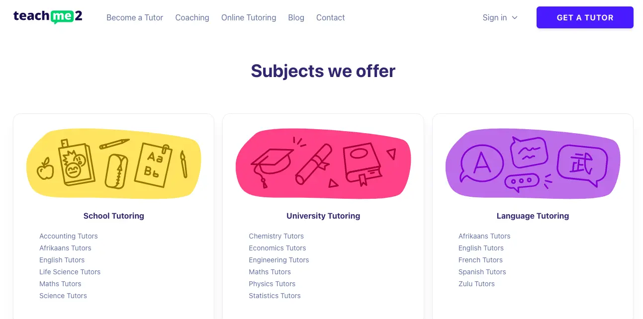 Teach Me 2 tutoring subjects page showing school, university, and language tutoring options with subjects like maths, science, engineering, and languages.