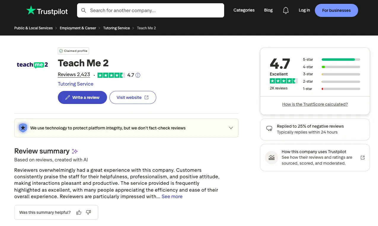  Teach Me 2 Trustpilot review page showing 4.7 star rating, over 2,400 reviews, and customer feedback summary