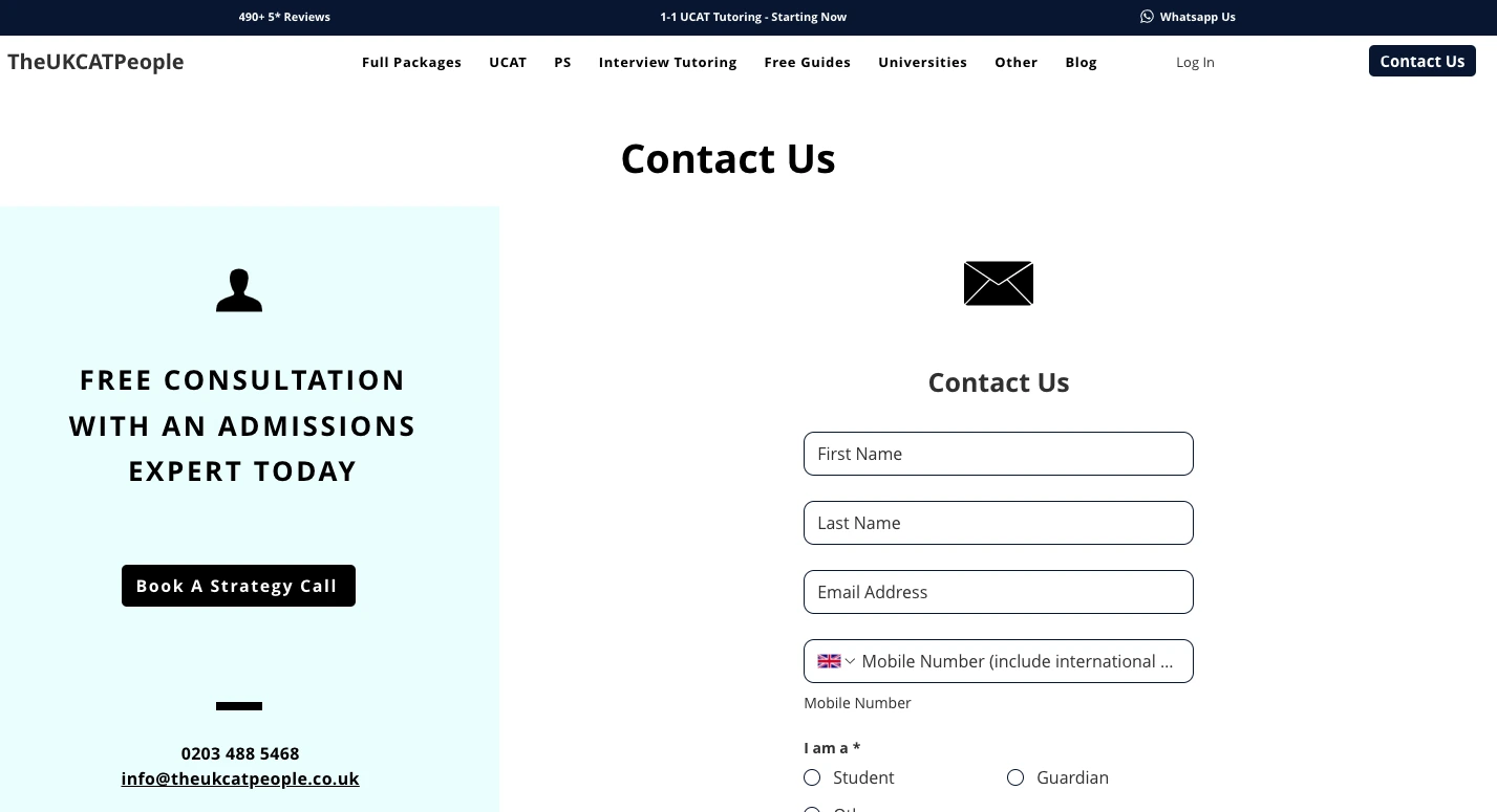 TheUKCATPeople contact page with free consultation offer, admissions expert call booking and contact form fields