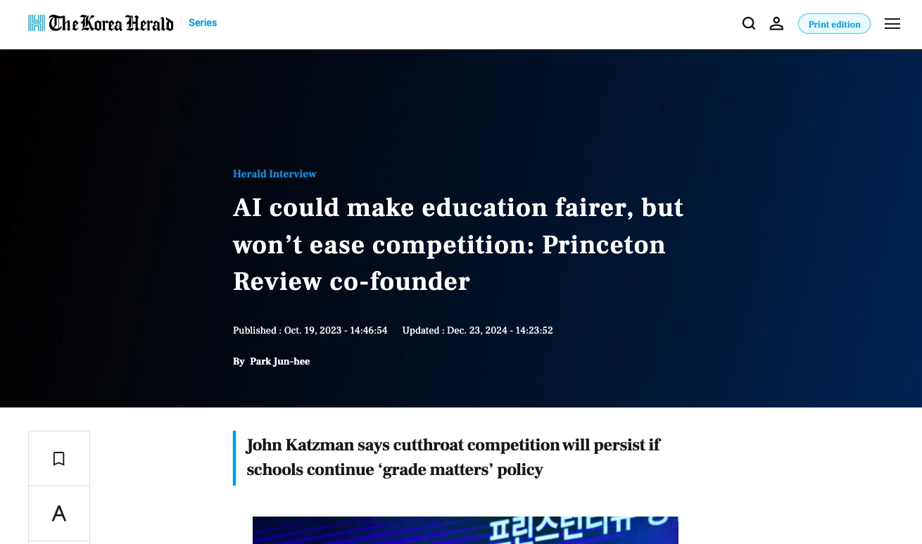 The Korea Herald interview headline about AI in education featuring Princeton Review co-founder discussing fairness and ongoing academic competition.