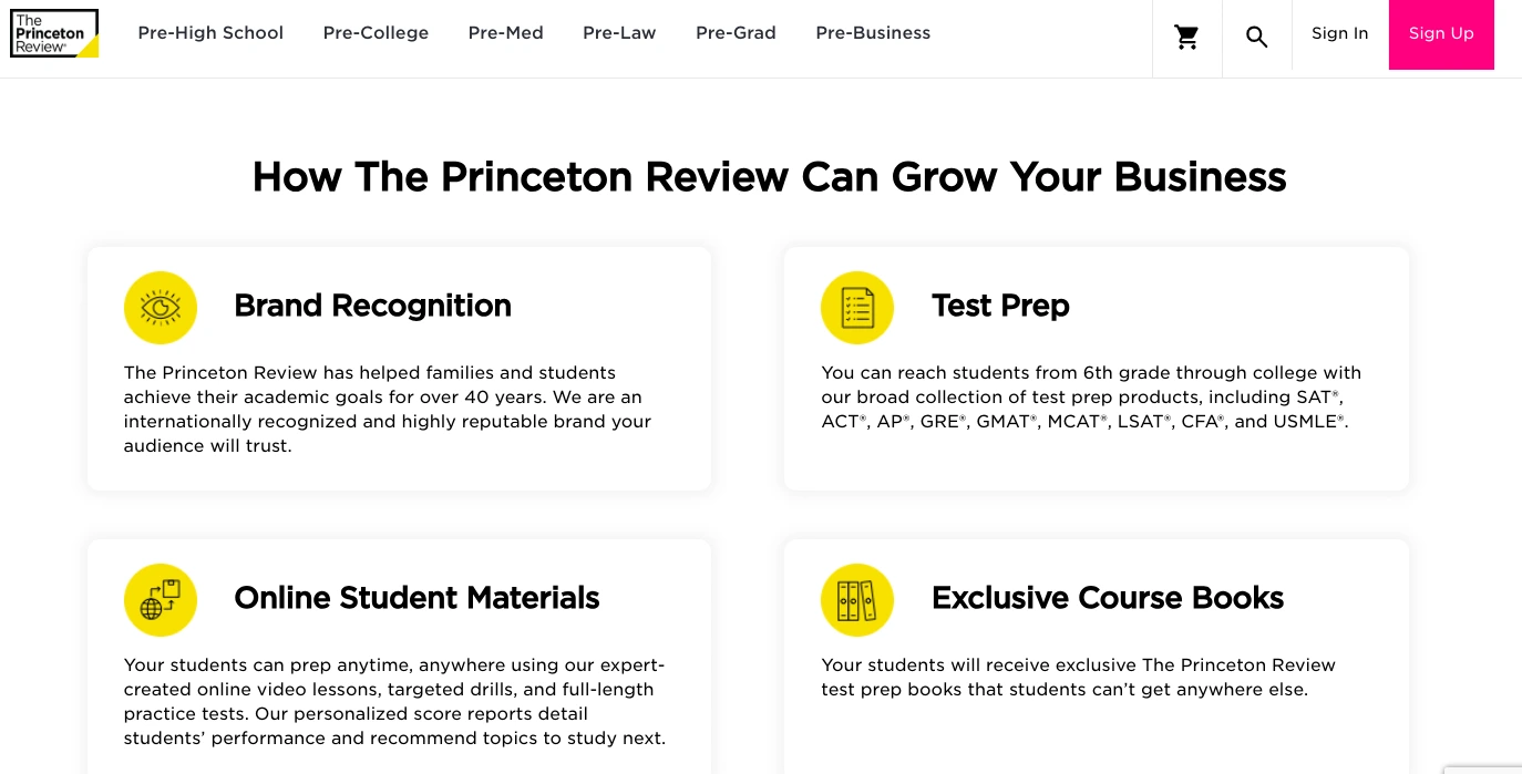  Princeton Review business growth section highlighting brand recognition, test prep services, online student materials, and exclusive course books.