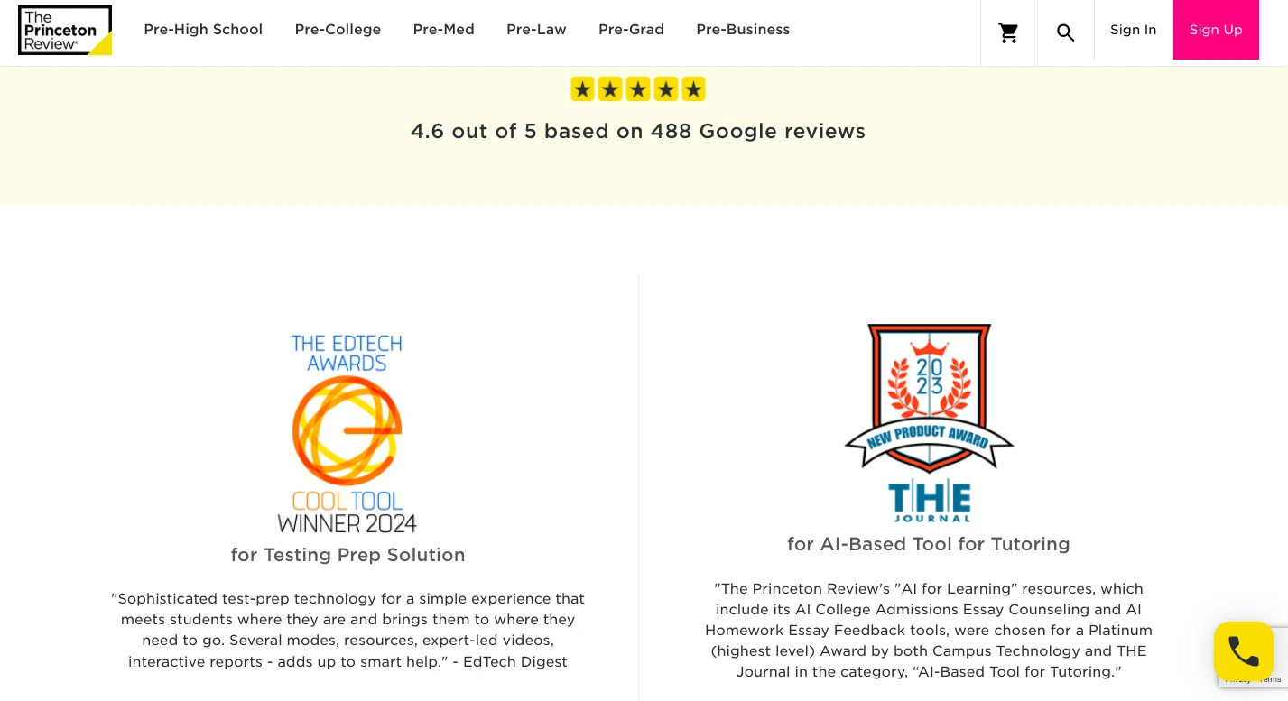 Princeton Review awards banner showing 4.6 out of 5 rating from Google reviews and EdTech Awards 2024 Cool Tool Winner with AI tutoring product recognition by THE Journal.