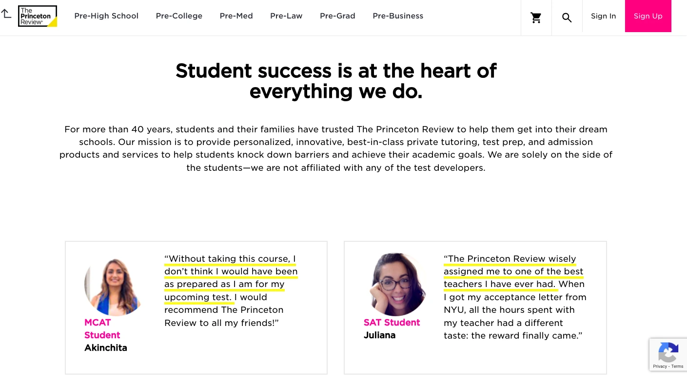 Princeton Review student success testimonials page featuring MCAT and SAT students sharing positive tutoring experiences and academic preparation results.