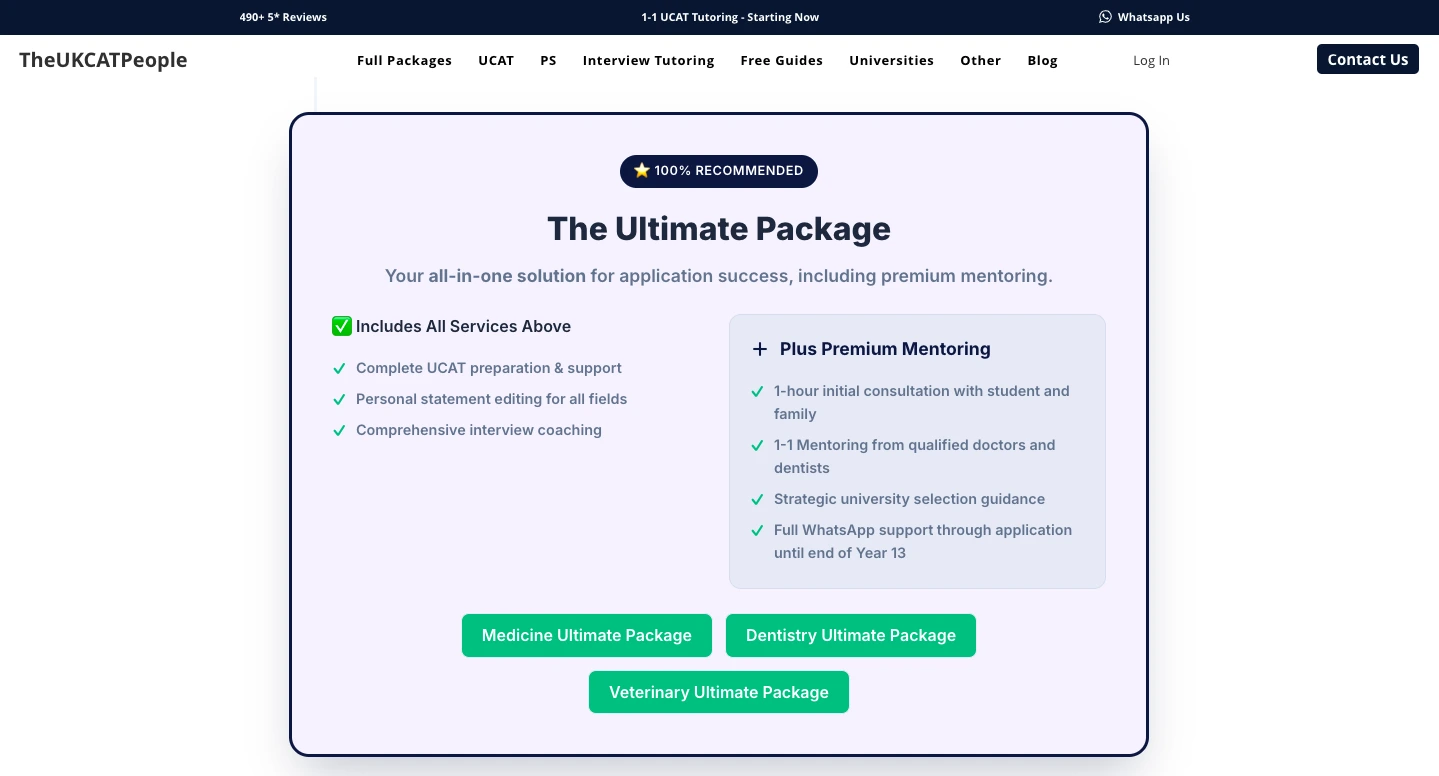 TheUKCATPeople Ultimate Package showing UCAT preparation, interview coaching, personal statement support and premium mentoring services