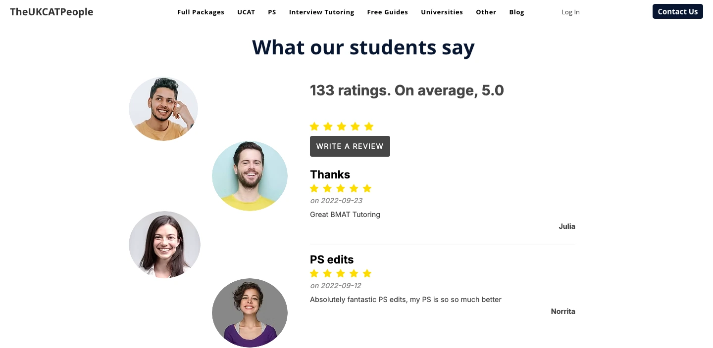 TheUKCATPeople student reviews section showing 5 star ratings, testimonials, and feedback on UCAT and BMAT tutoring services