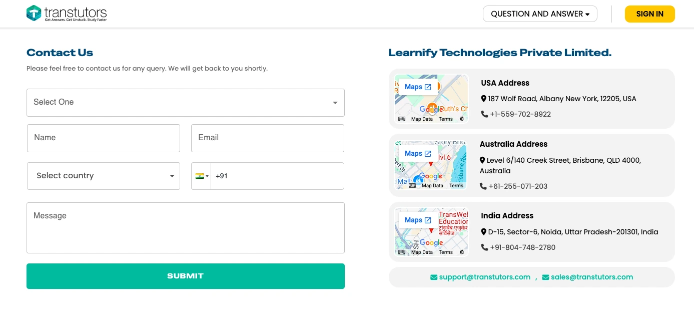 Transtutors contact page with inquiry form and global office addresses in USA, Australia, and India