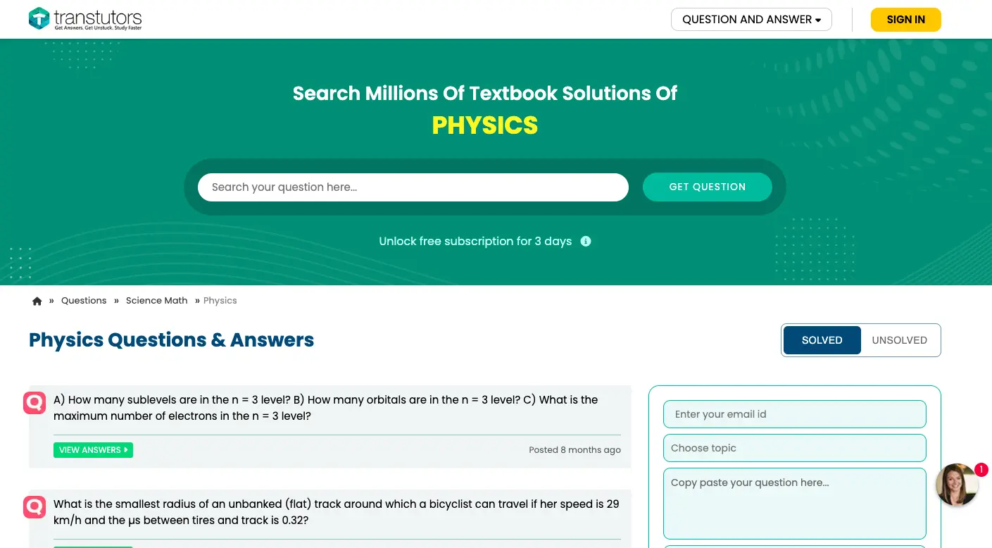 Transtutors physics questions and answers page showing search bar for textbook solutions and list of solved physics problems