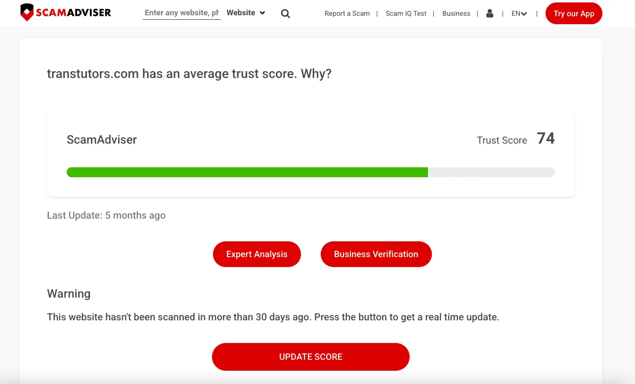 ScamAdviser trust score page showing Transtutors website rating of 74 with warning about outdated scan and option to update score