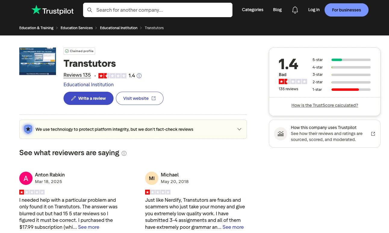 Mobile screenshot with overlapping screens showing multilingual content, discount ads, and Trustpilot-style customer reviews about an online tutoring service