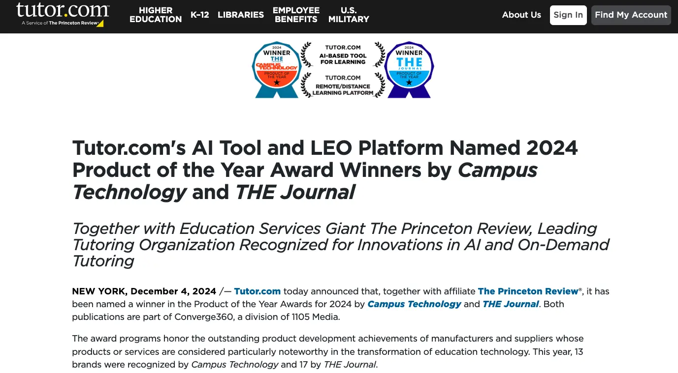 Tutor.com announcement page highlighting 2024 Product of the Year awards for its AI learning tool and LEO remote tutoring platform.