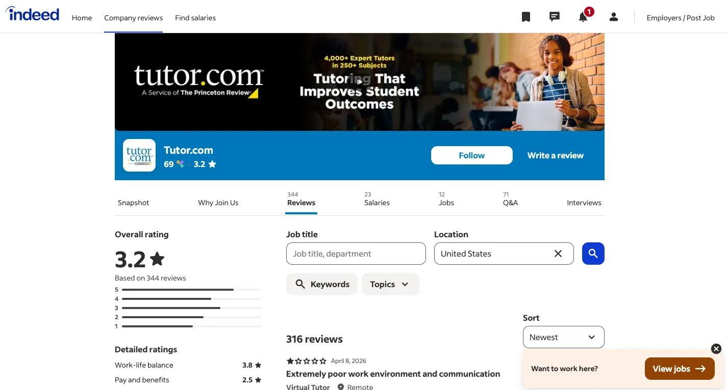 Indeed company reviews page for Tutor.com showing overall rating, employee reviews, and company profile details.