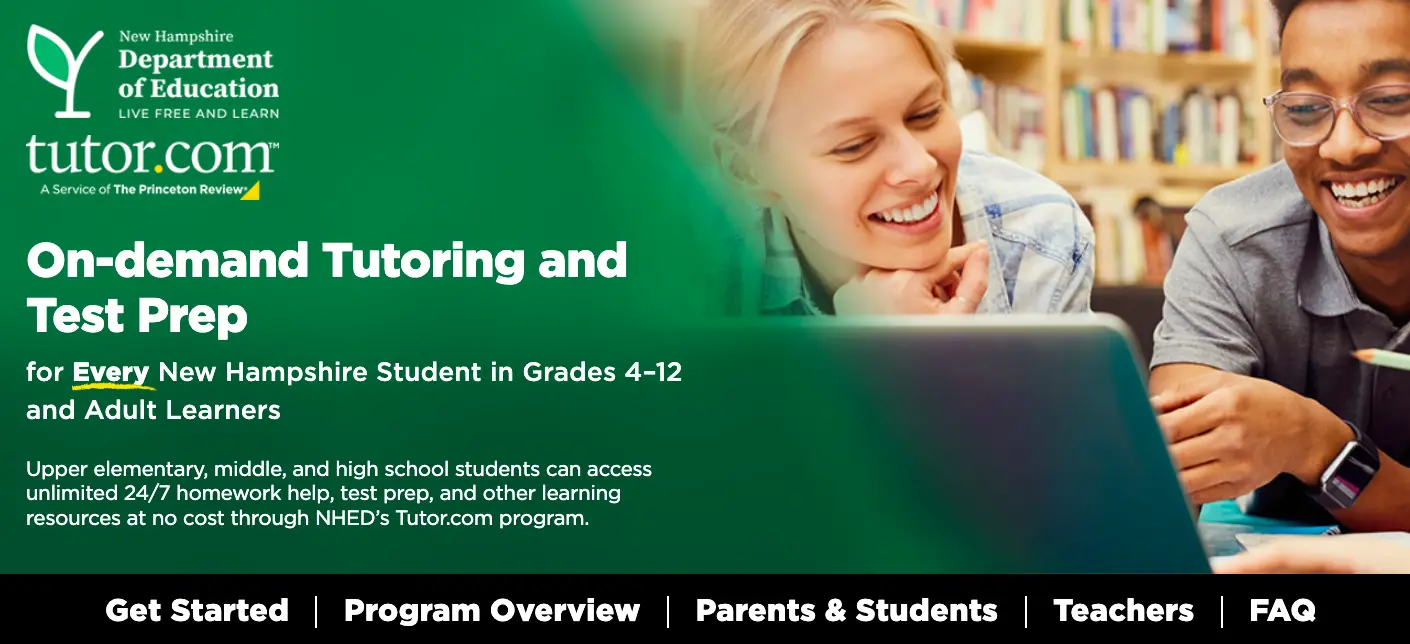 Tutor.com and New Hampshire Department of Education banner showing students using a laptop for on-demand tutoring and test preparation.