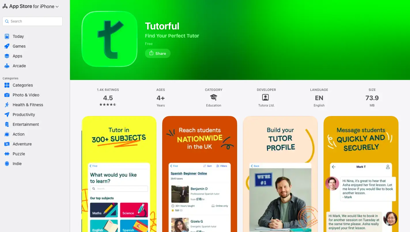 Tutorful app on Apple App Store showing ratings, features, and tutor marketplace interface for students and tutors