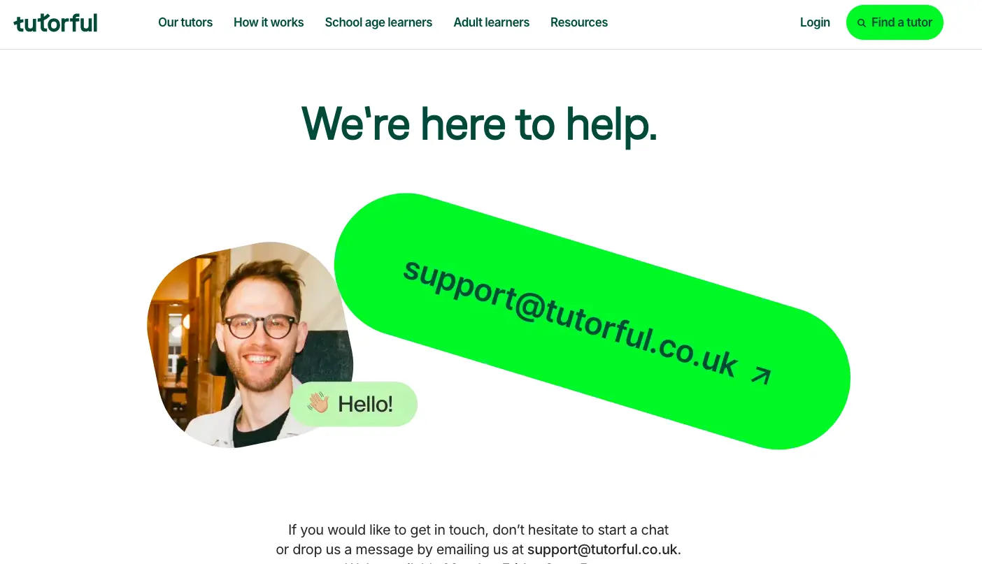 Tutorful contact page banner showing support email support@tutorful.co.uk and friendly customer support representative greeting.