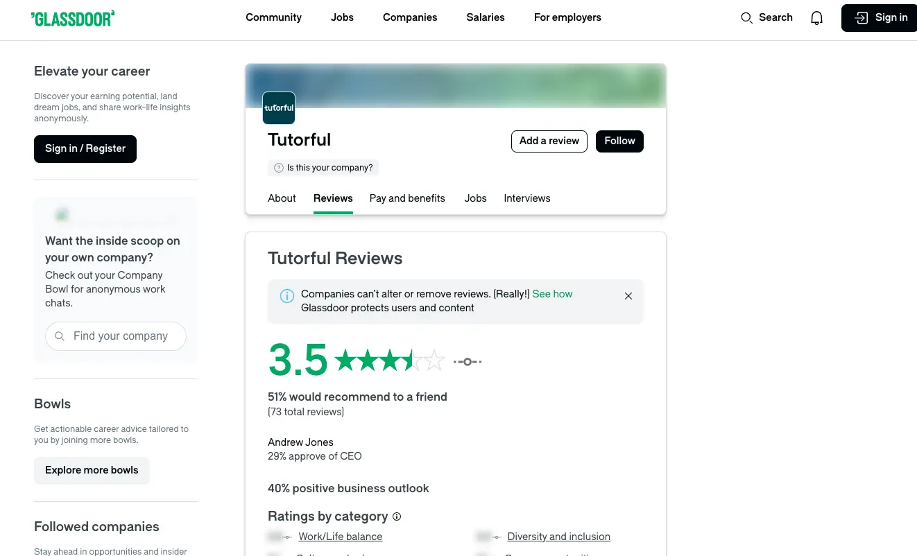 Tutorful company reviews page on Glassdoor showing 3.5 rating, employee feedback, and company insights