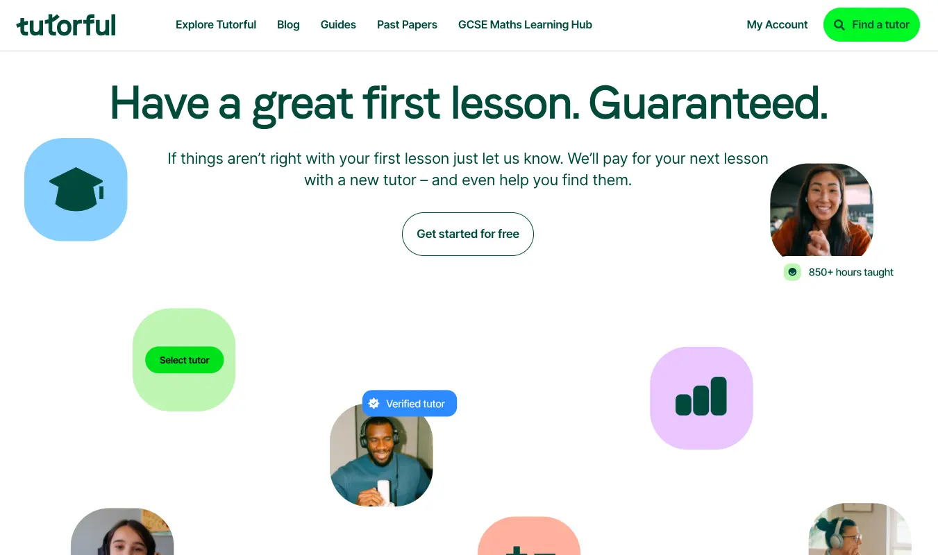 Tutorful homepage banner promoting a guaranteed great first lesson with verified tutors and a get started for free call-to-action.