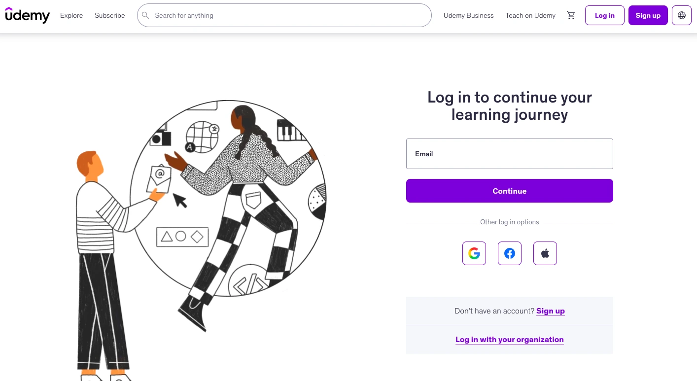 Udemy login page with email sign-in form, social login options, and illustration promoting online learning access