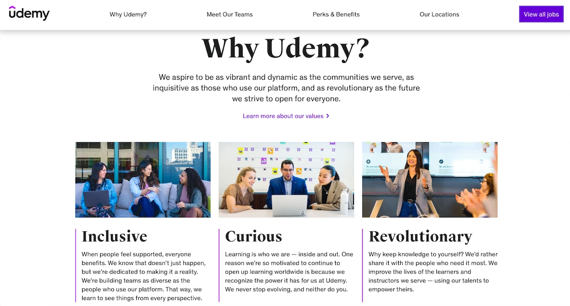Udemy careers page showing “Why Udemy” section with inclusive, curious, and revolutionary company values and team images