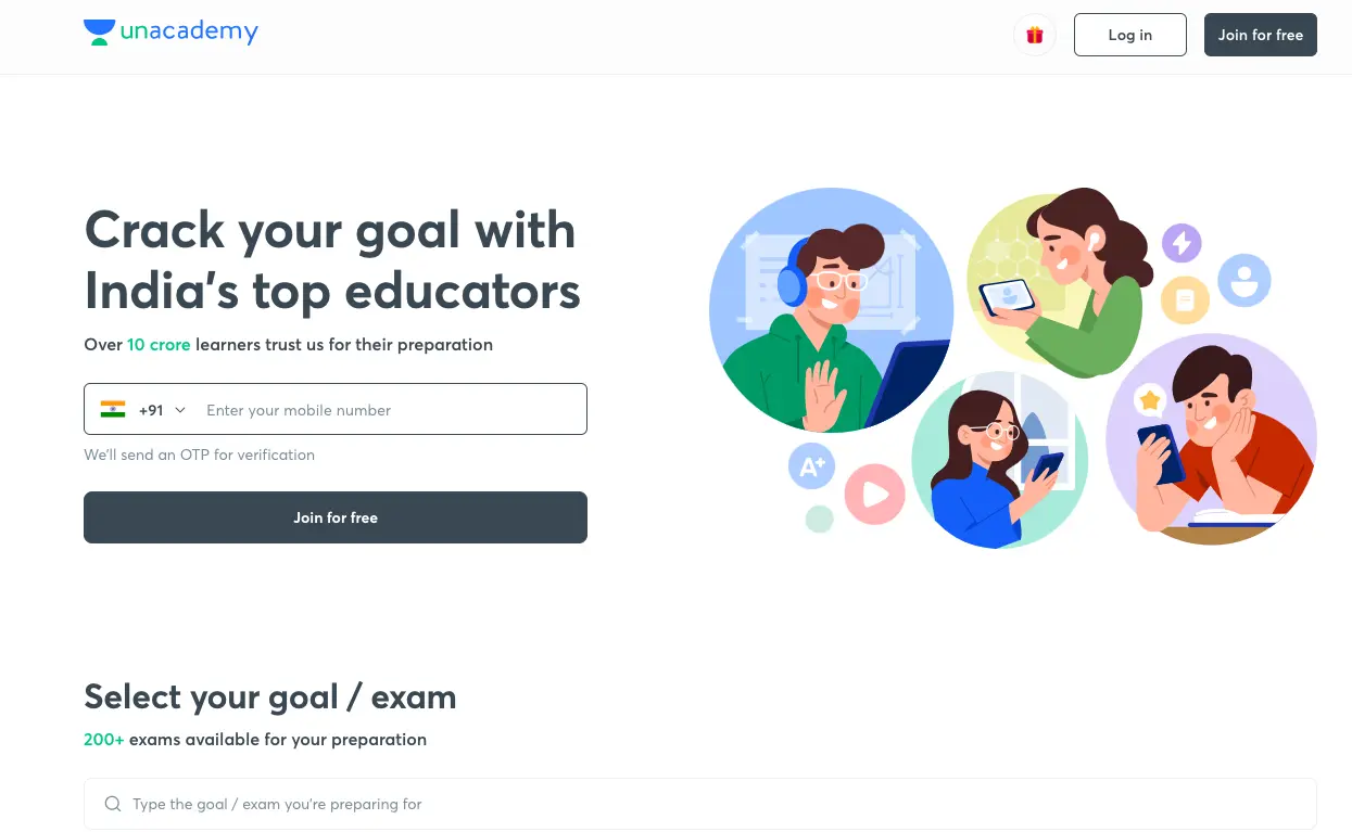 Unacademy homepage banner inviting learners to join India’s top educators, featuring mobile sign-up, exam preparation options, and illustrated online learning visuals.