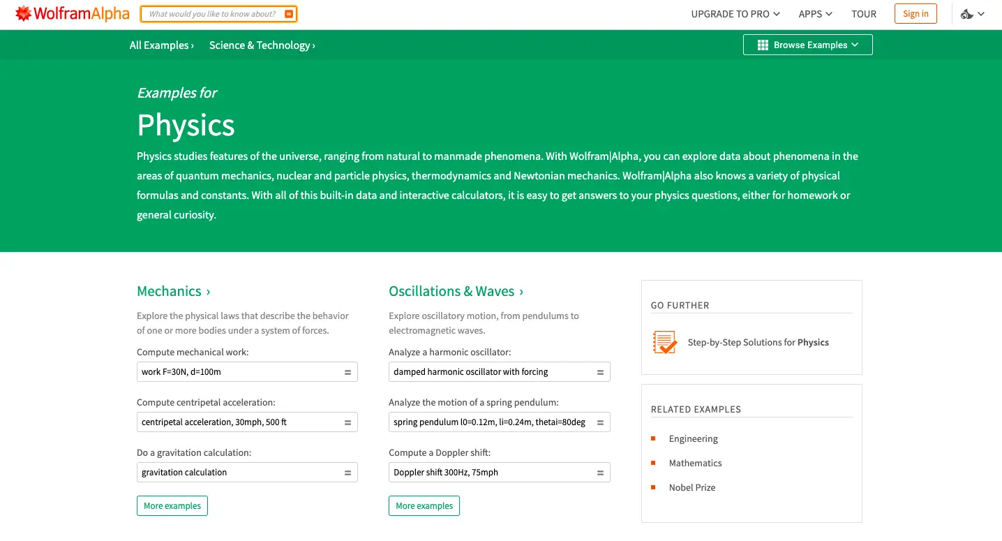 WolframAlpha physics examples page showing mechanics and oscillations calculators for physics problem solving online