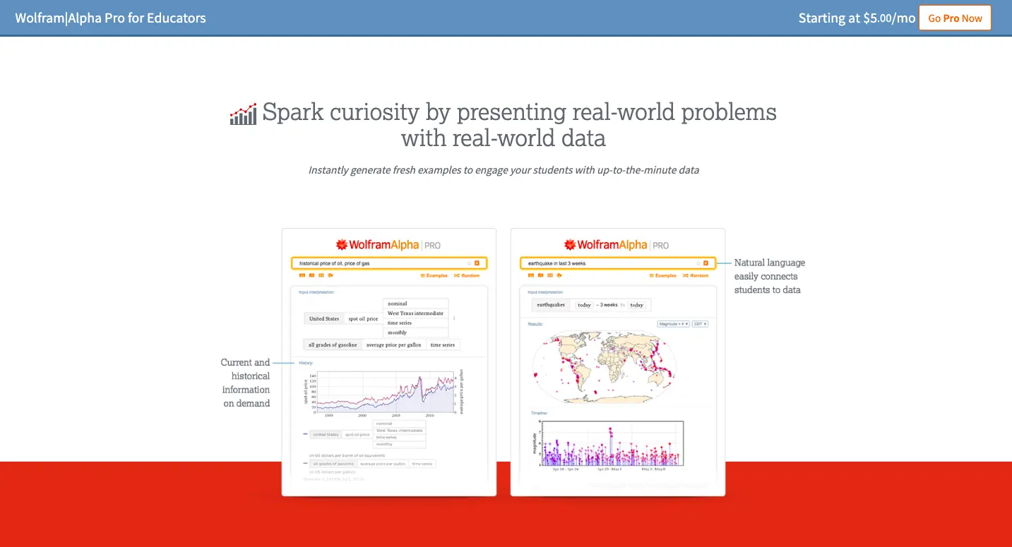 WolframAlpha Pro for Educators page promoting real-world data examples and interactive problem-solving for students.